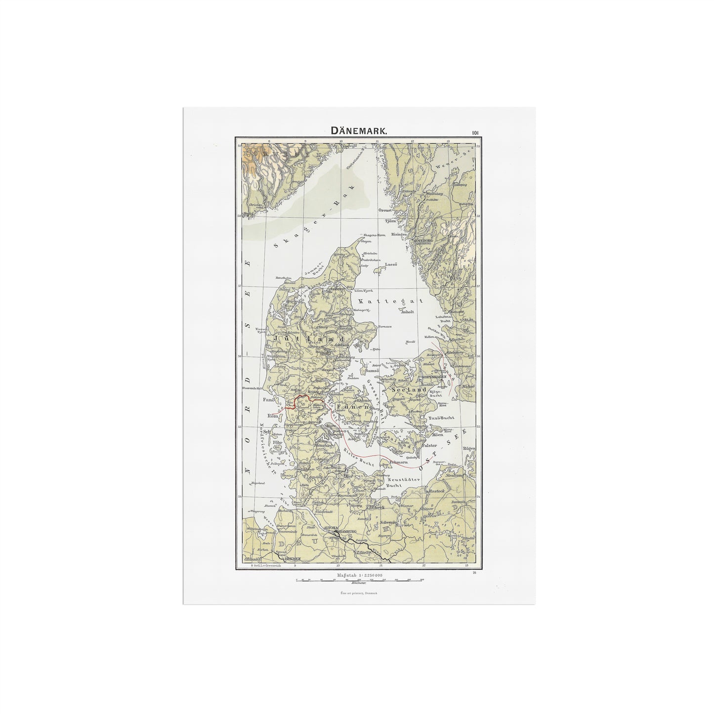 Map of Denmark from an old school atlas, 1896