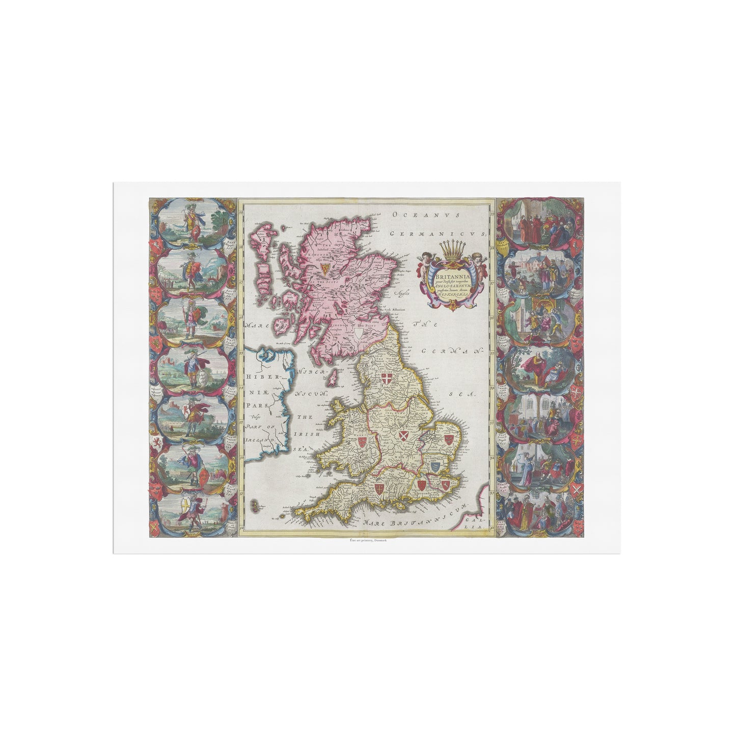 Historisk Kort over Storbritannien: "Britannia prout divisa fuit temporibus Anglo-Saxonum" af Joan Blaeu (1665)