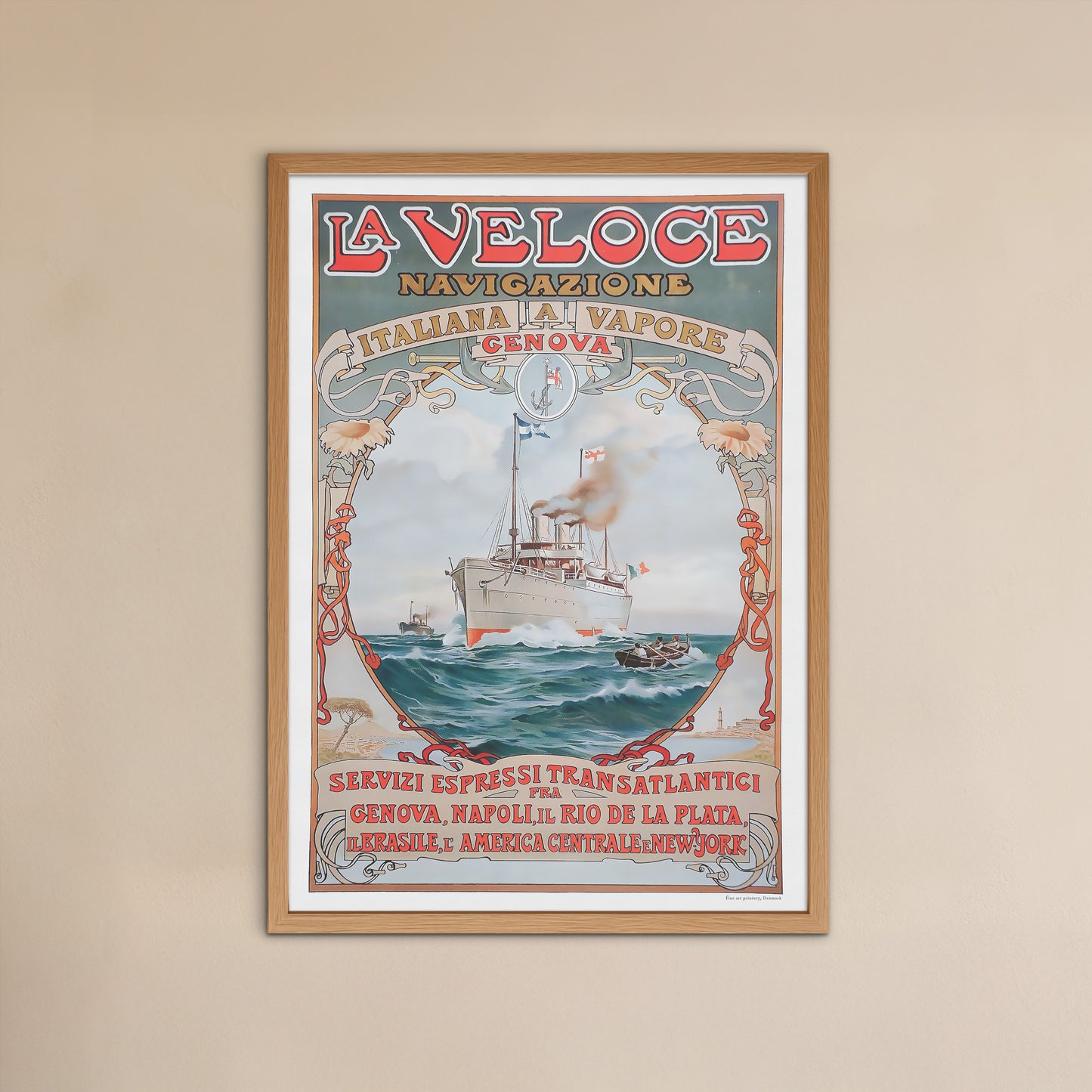 La Veloce Vintage Poster - Maritime Art Nouveau from 1889, Genoa to New York by Steamship