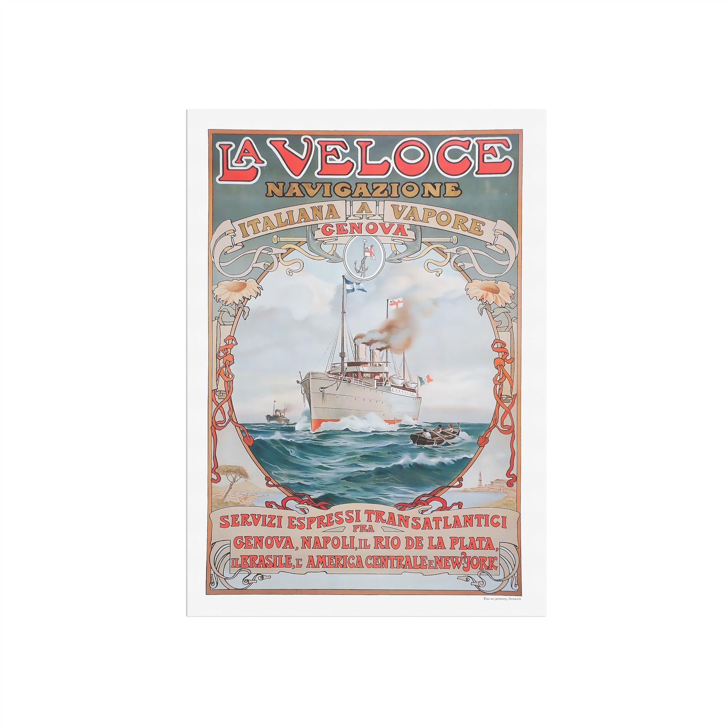La Veloce Vintage Poster - Maritime Art Nouveau from 1889, Genoa to New York by Steamship