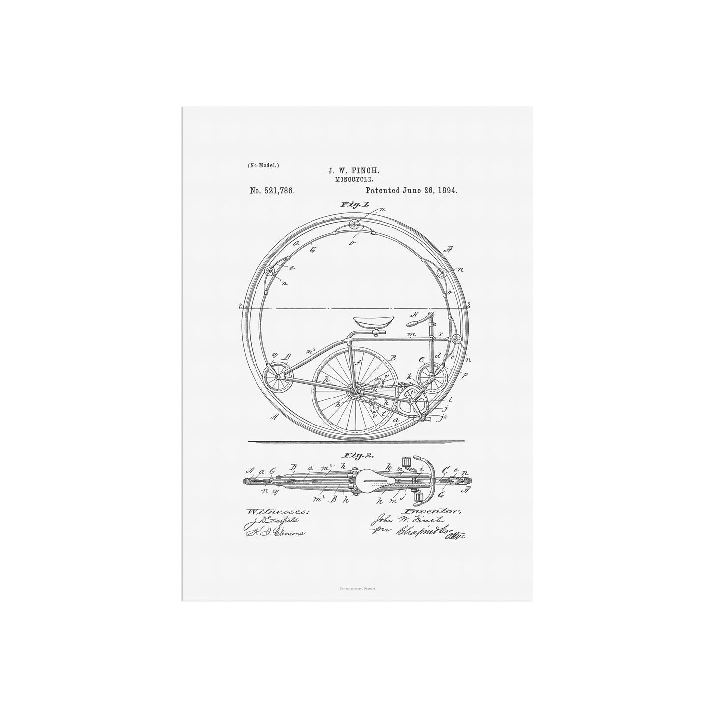 Patenttegning af Monocykel (1894) – US521786A