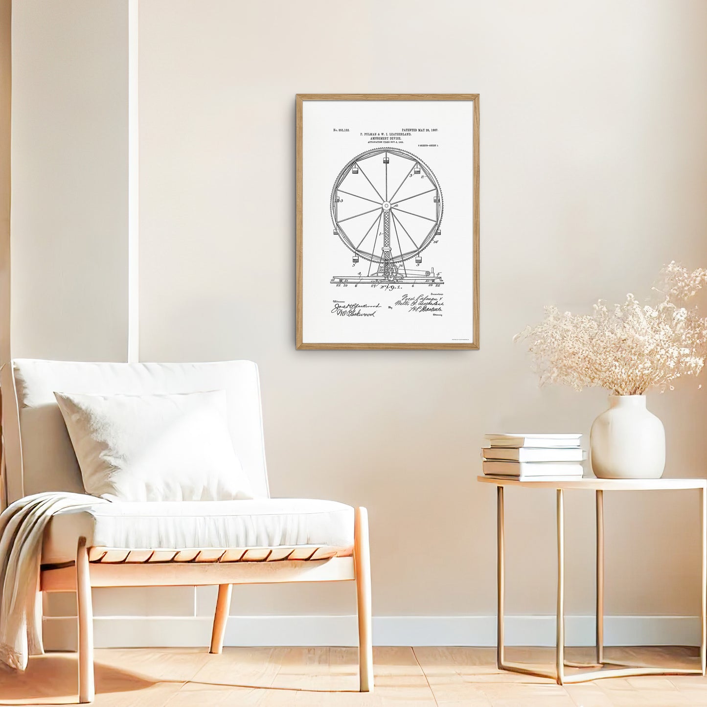 Patent drawing of Ferris wheel (1906) – US855132A