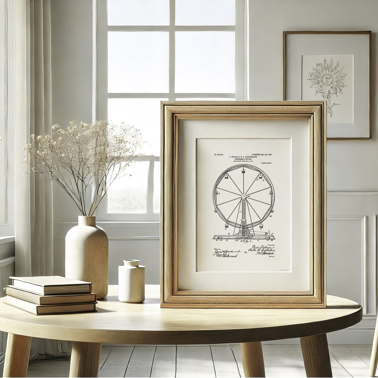 Patent drawing of Ferris wheel (1906) – US855132A