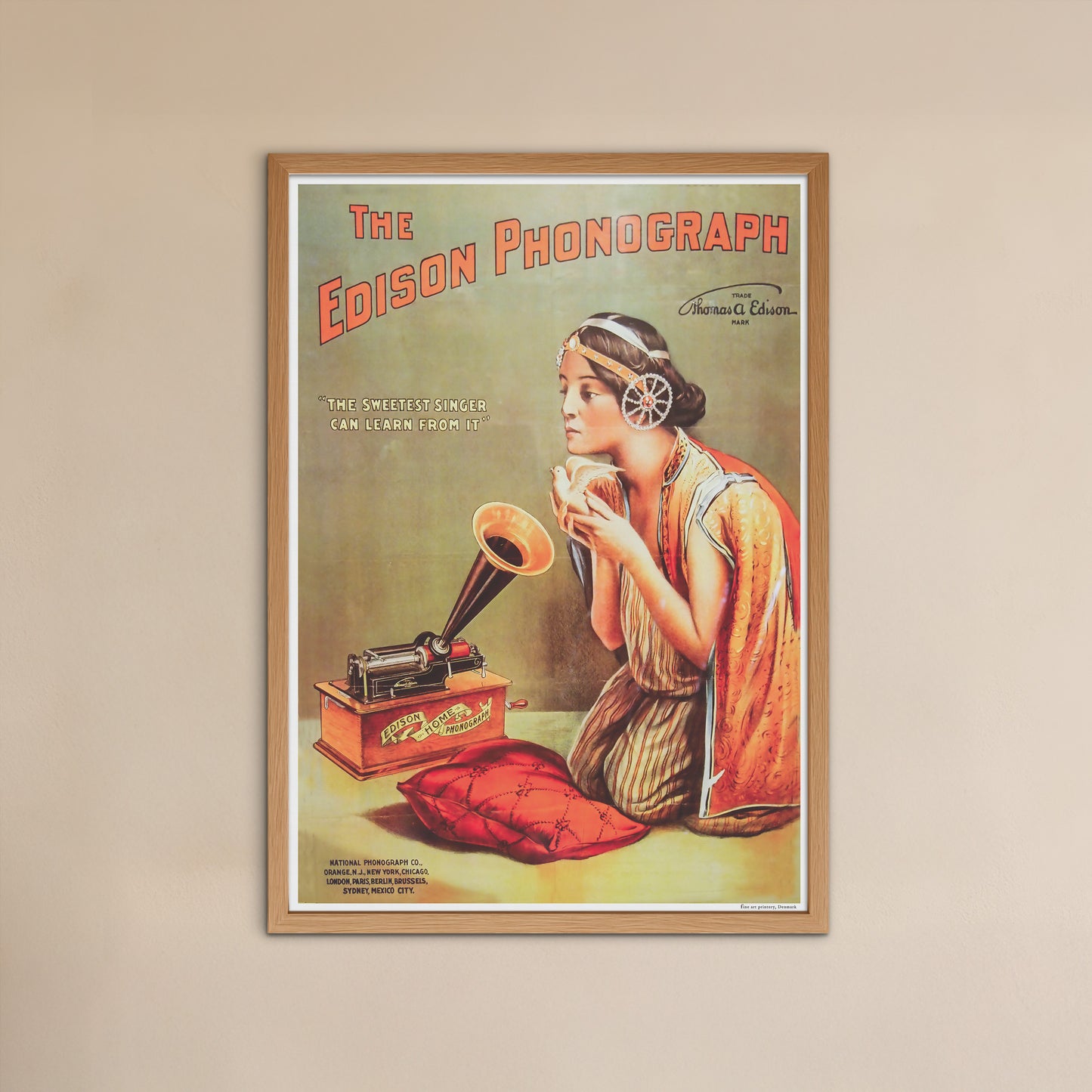 Edison Fonograf reklame plakat med kvinde og due