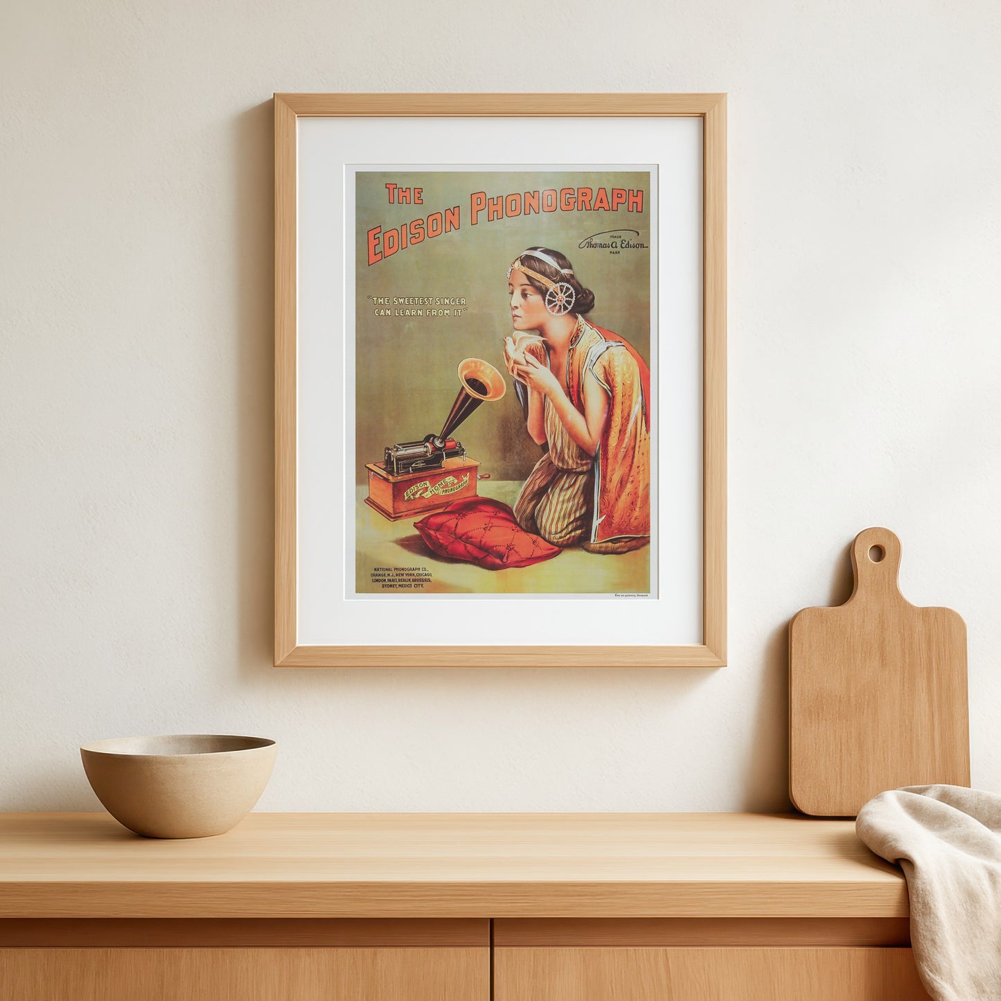Edison Fonograf reklame plakat med kvinde og due
