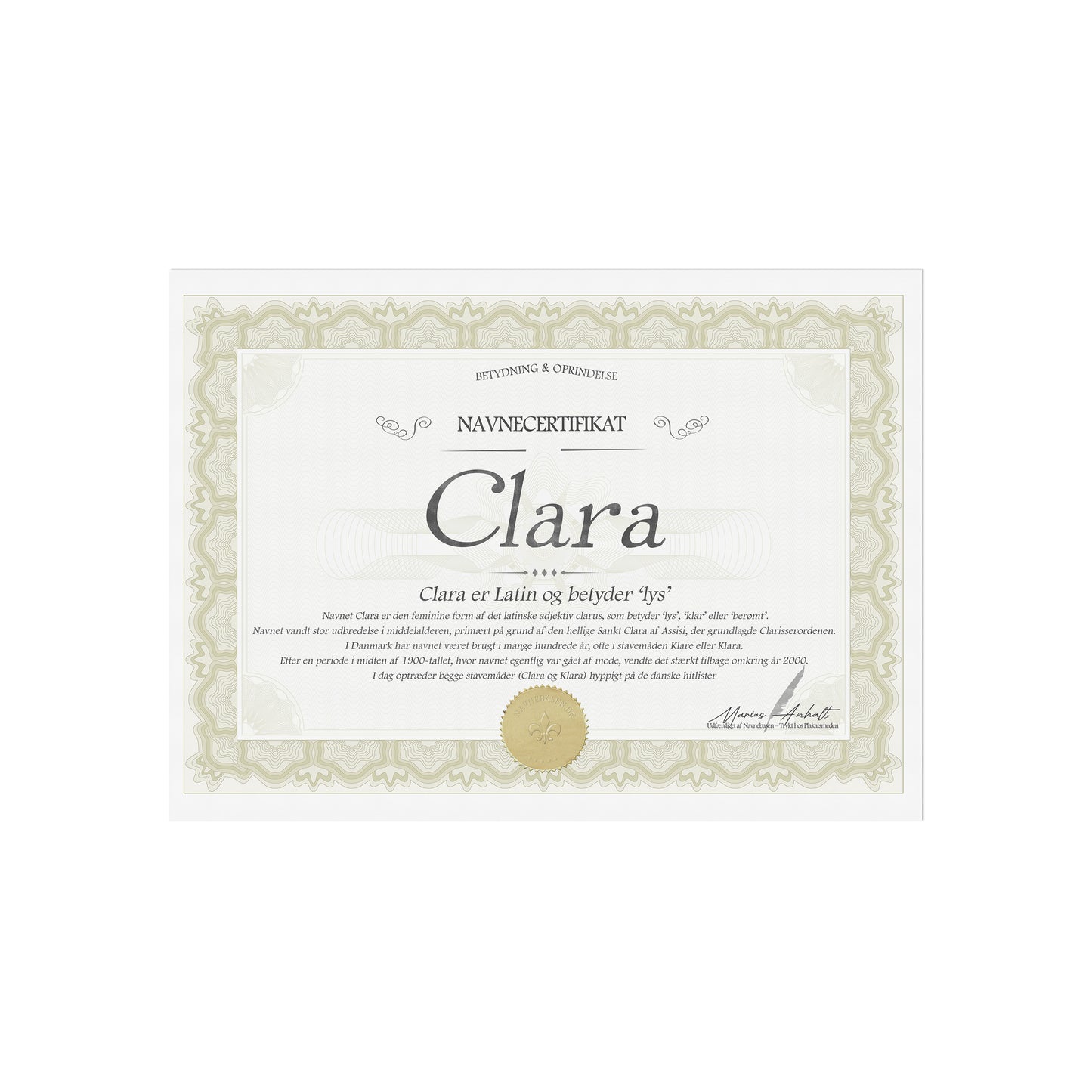 Hvad betyder Clara | Navnecertifikat med Betydning & Oprindelse