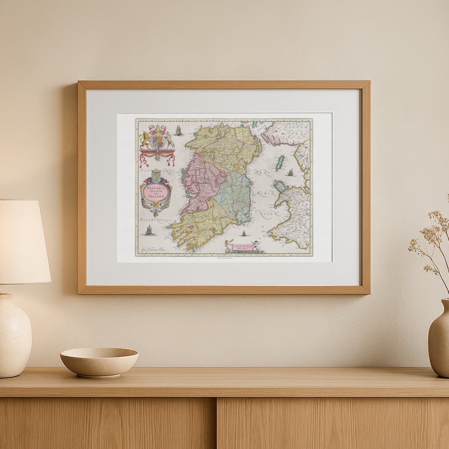 Historisk kort over Irland, "Hibernia Regnvm vulgo Ireland" af Joan Blaeu (1665)