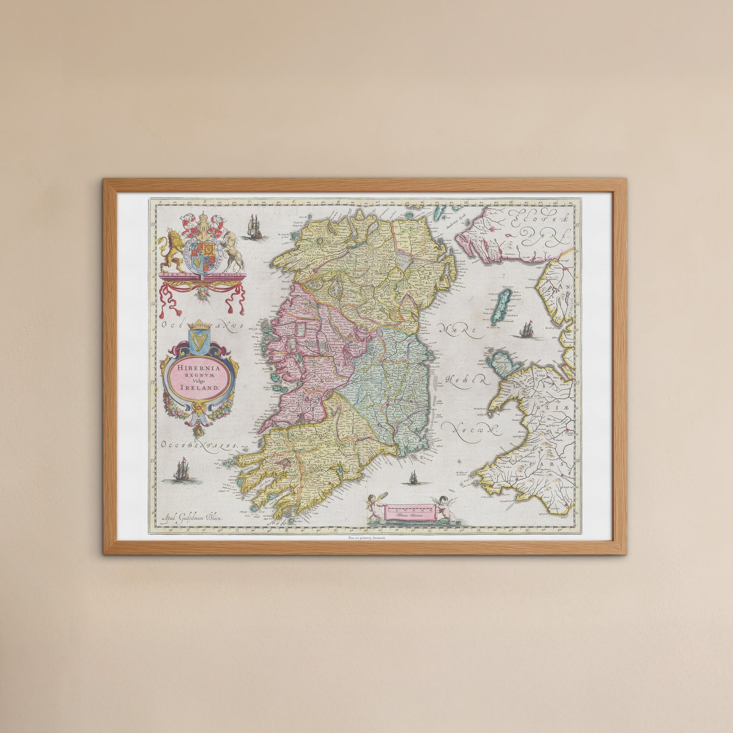 Historisk kort over Irland, "Hibernia Regnvm vulgo Ireland" af Joan Blaeu (1665)