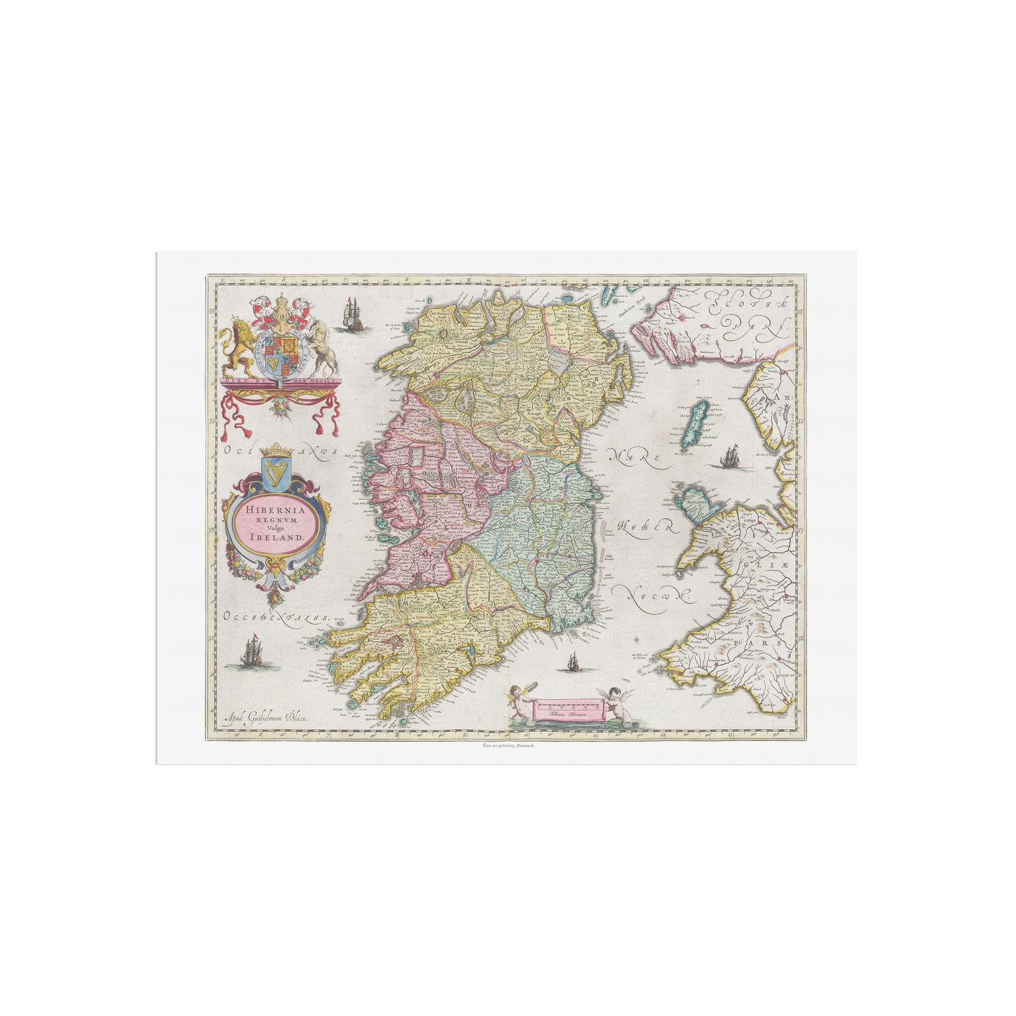 Historisk kort over Irland, "Hibernia Regnvm vulgo Ireland" af Joan Blaeu (1665)