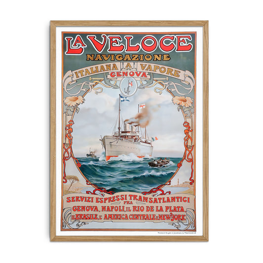 La Veloce Vintage Plakat – Maritim Art Nouveau fra 1889, Genoa til New York med Dampskib