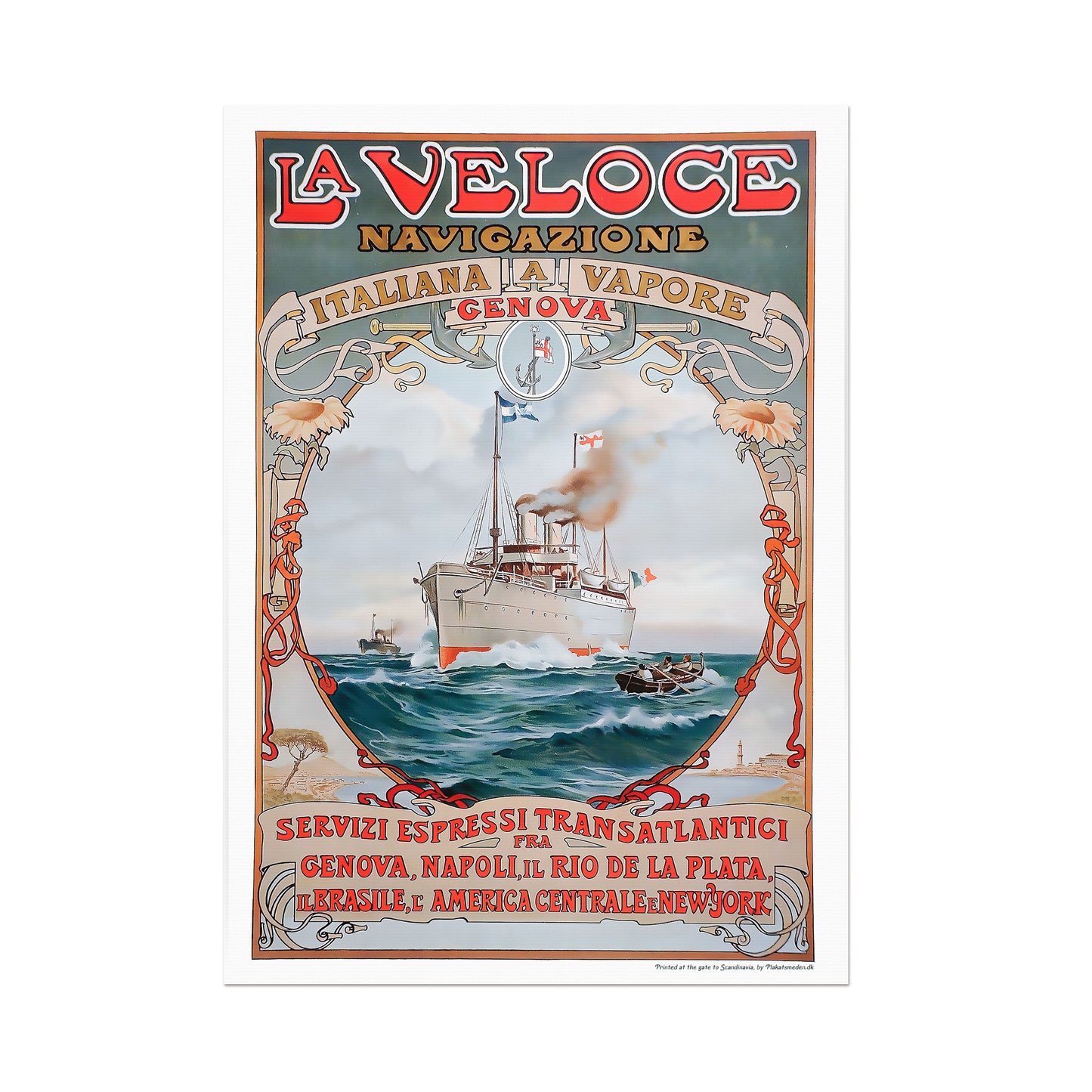 La Veloce Vintage Plakat – Maritim Art Nouveau fra 1889, Genoa til New York med Dampskib