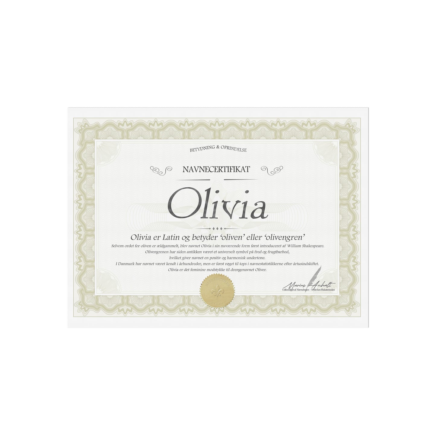Hvad betyder Olivia | Navnecertifikat med Betydning & Oprindelse
