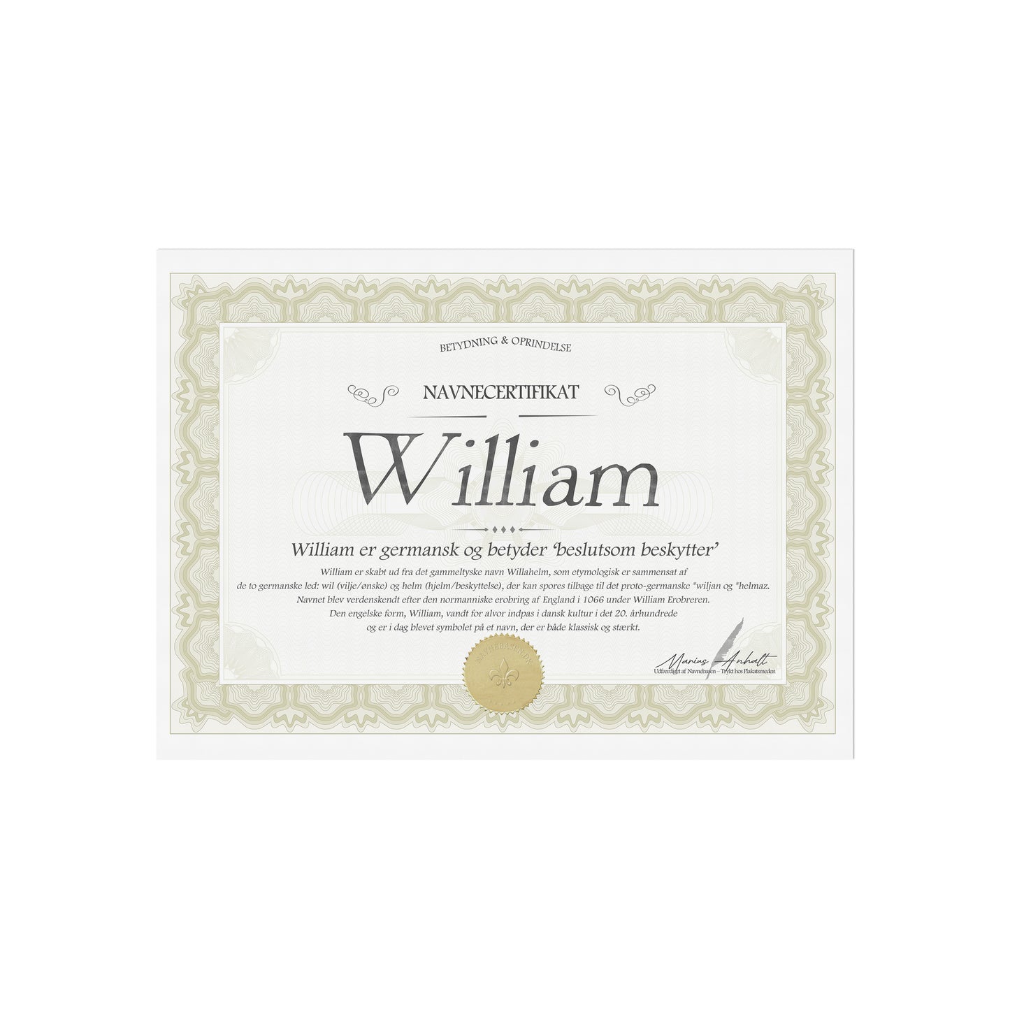 Hvad betyder William | Navnecertifikat med Betydning & Oprindelse