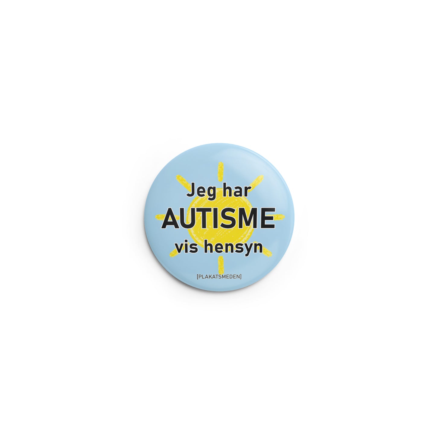 Jeg har autisme – vis hensyn" | badge med sol-motiv