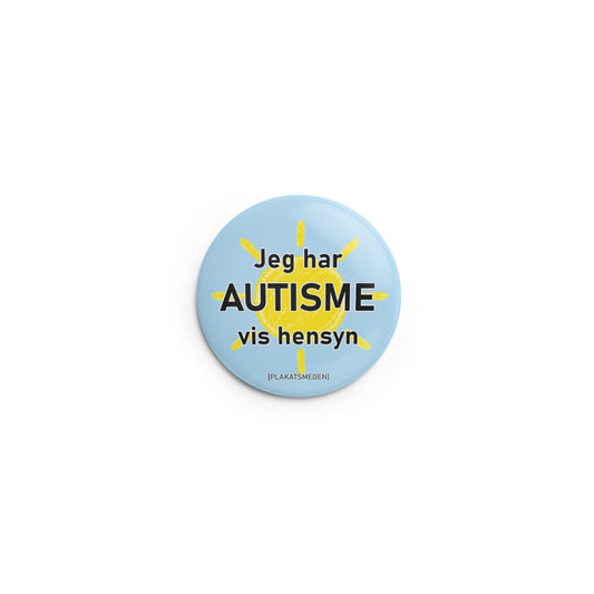 Jeg har autisme – vis hensyn" | badge med sol-motiv