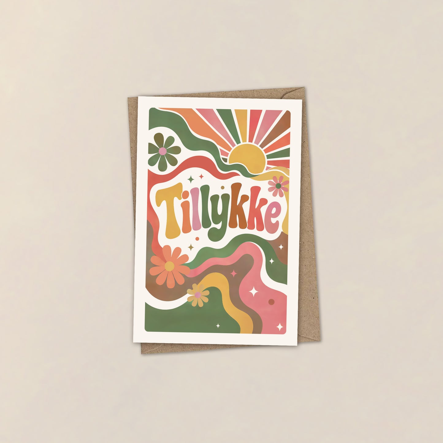 Psykedelisk Tillykke kort – Retro blomster & 70'er design