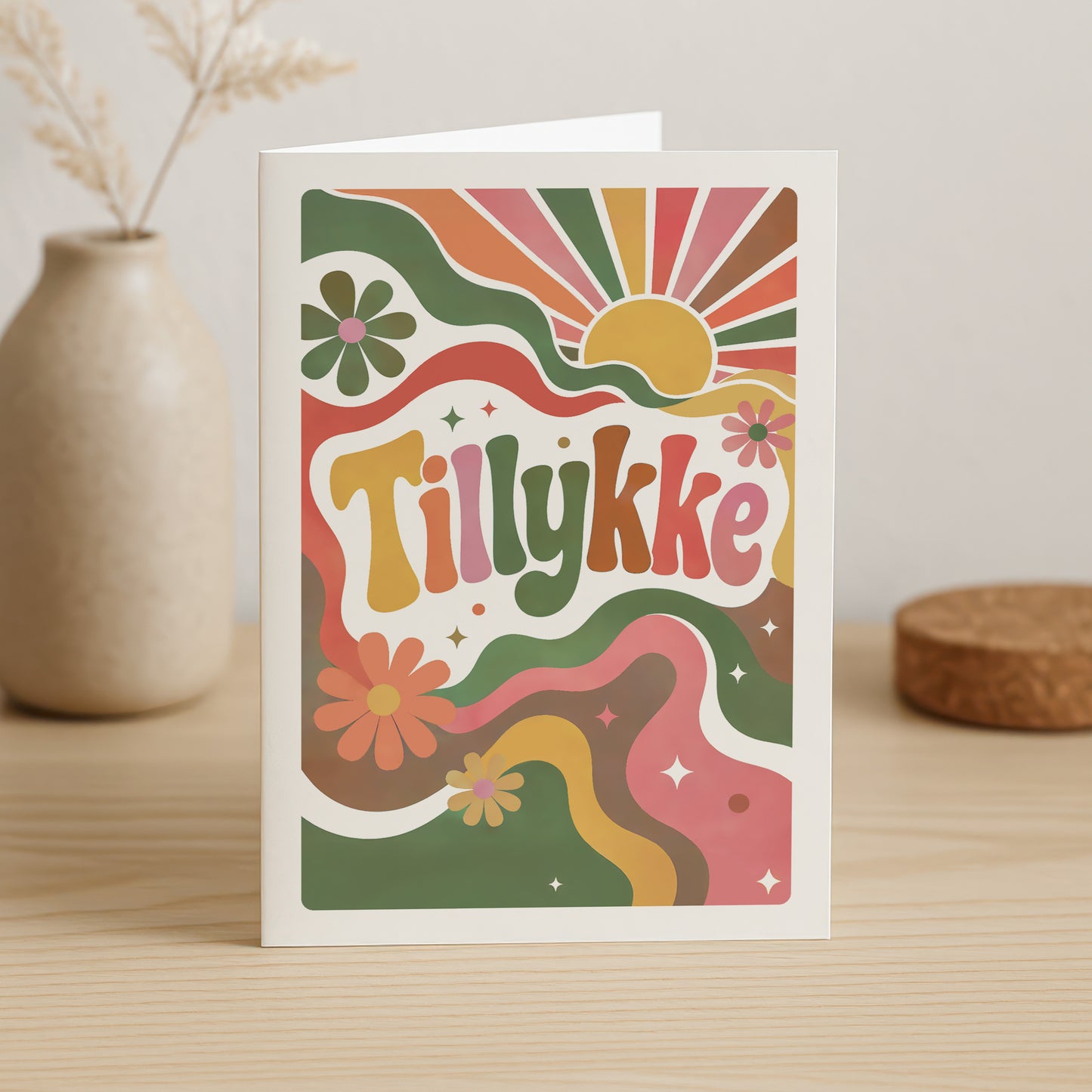 Psykedelisk Tillykke kort – Retro blomster & 70'er design