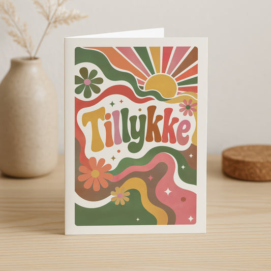 Psykedelisk Tillykke kort – Retro blomster & 70'er design
