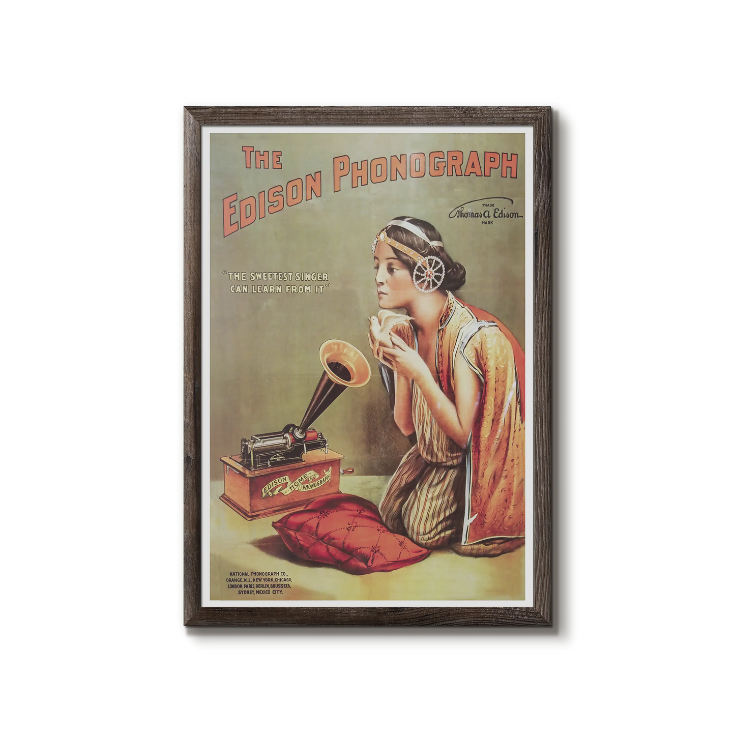 Edison Phonograph advertising poster with woman and dove