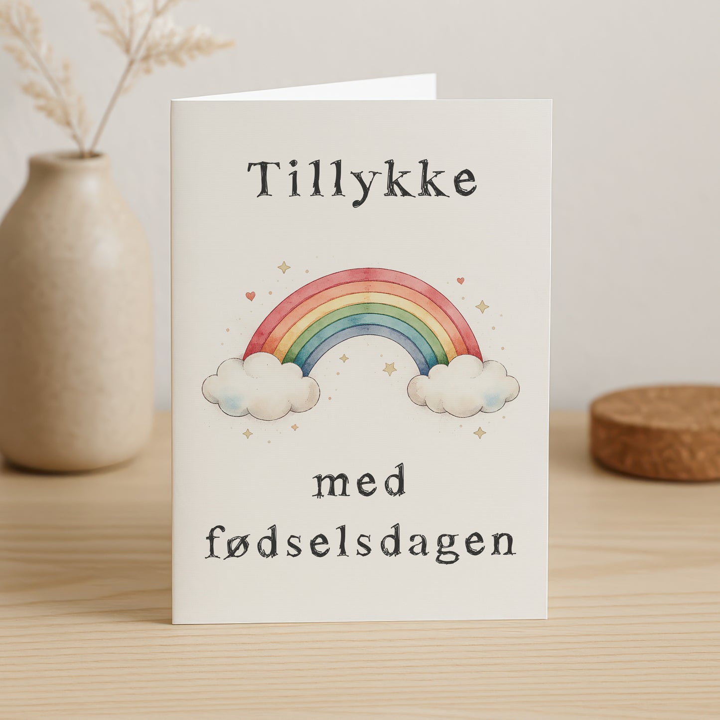 Fødselsdagskort med Regnbue – "Tillykke med fødselsdagen"
