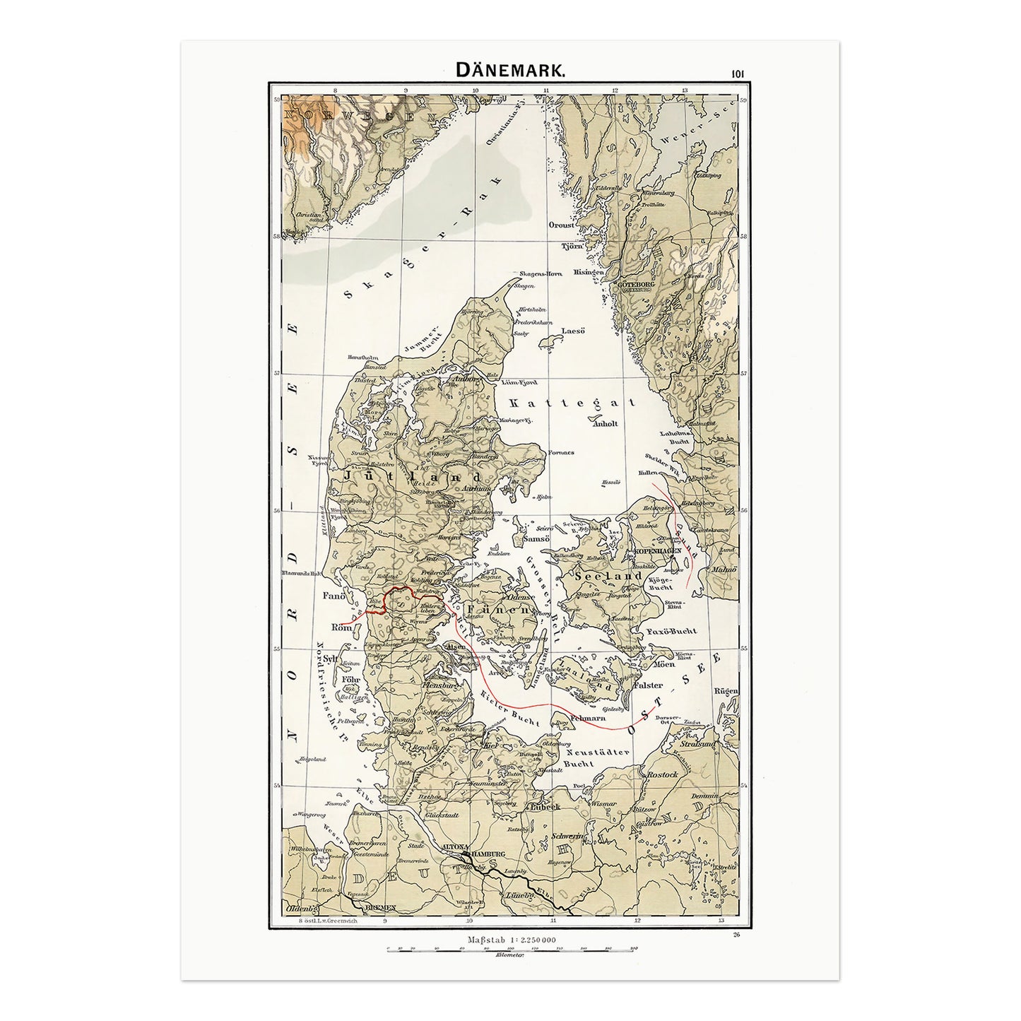 Map of Denmark from an old school atlas, 1896
