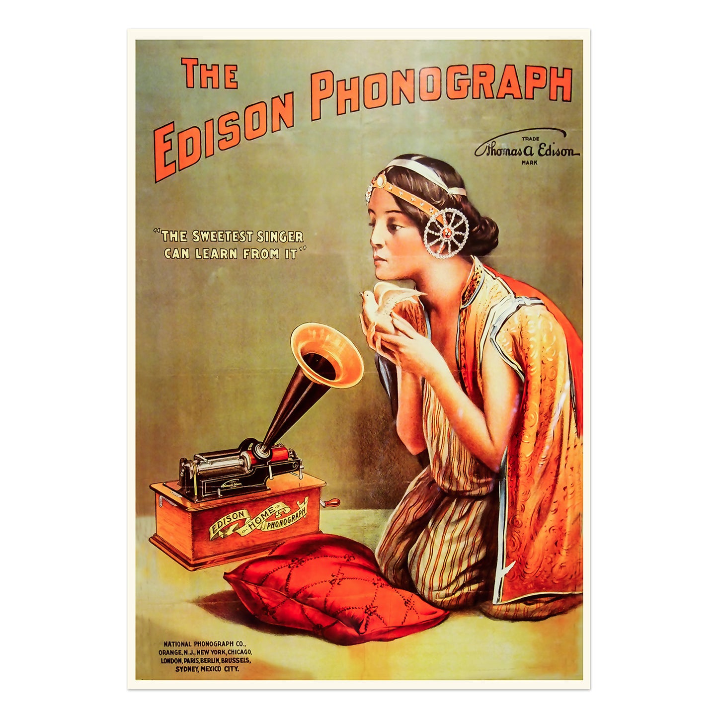 Edison Phonograph advertising poster with woman and dove