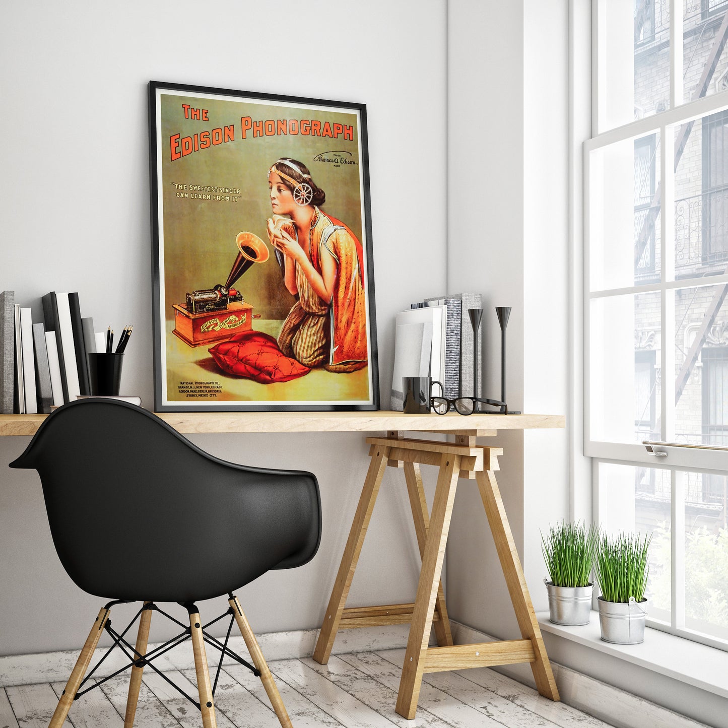 Edison Phonograph advertising poster with woman and dove